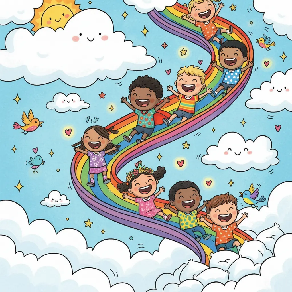 Children sliding down rainbow slide in clouds cartoon illustration