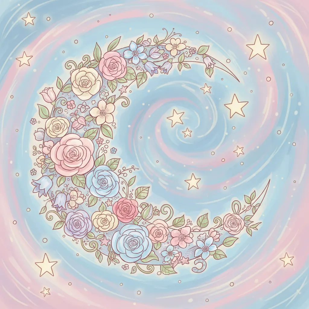Crescent moon decorated with flowers in starry sky cartoon illustration